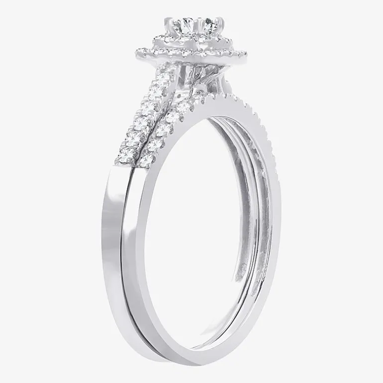 1/2 CT.T.W. Natural Diamond Halo Bridal Set 10K or 14K White Gold