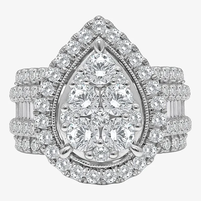 4 CT.T.W. Natural Diamond Pear Shape Side Stone Halo Engagement Ring in 10K or 14K White Gold