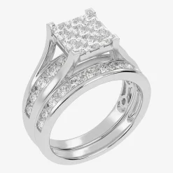 2 CT.T.W. Natural Princess & Round Diamond 10K or 14K White Gold Bridal Ring Set