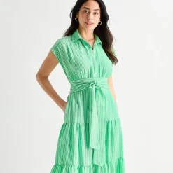 Danny & Nicole Womens Belted Short Sleeve Midi Striped Shirt Dress