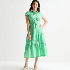 Danny & Nicole Womens Belted Short Sleeve Midi Striped Shirt Dress