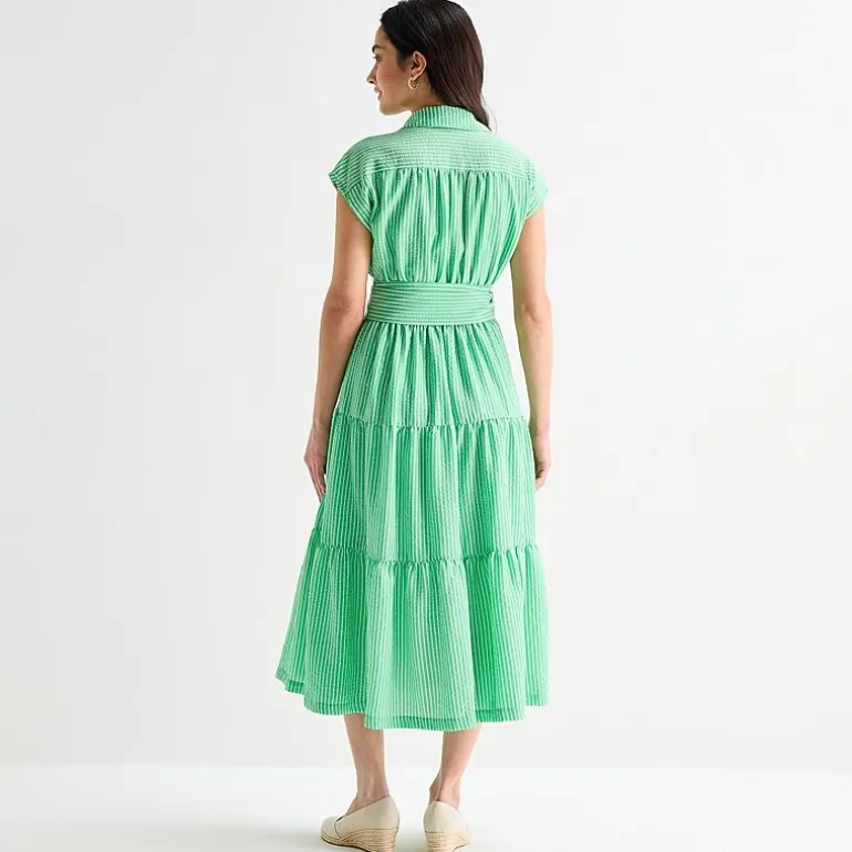 Danny & Nicole Womens Belted Short Sleeve Midi Striped Shirt Dress
