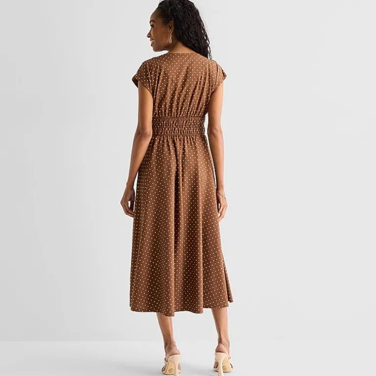 Danny & Nicole Womens Midi V Neck Sleeveless Cap Polka Dot Fit + Flare Dress