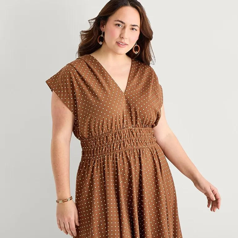 Danny & Nicole Womens Plus Midi V Neck Sleeveless Cap Polka Dot Fit + Flare Dress