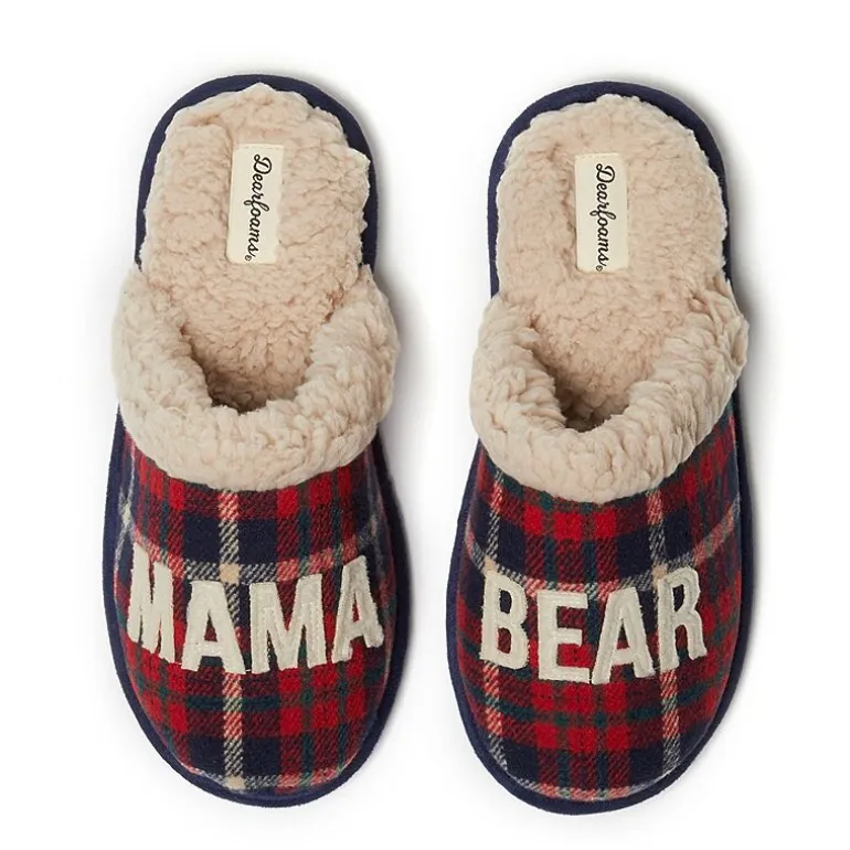 Dearfoams Mama Bear Plaid Scuff Womens Memory Foam Slip-On Slippers