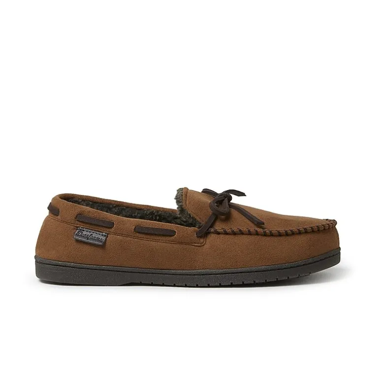 Dearfoams Mens Toby Microsuede Moccasin with Tie and Whipstitch Slippers