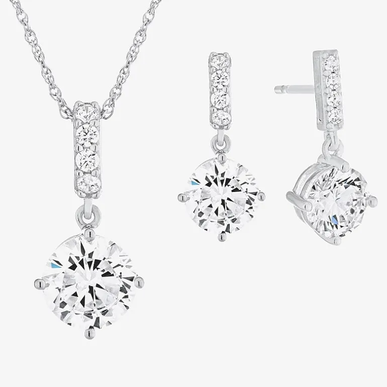 DiamonArt® Cubic Zirconia Sterling Silver Pendant Necklace and Earring Set
