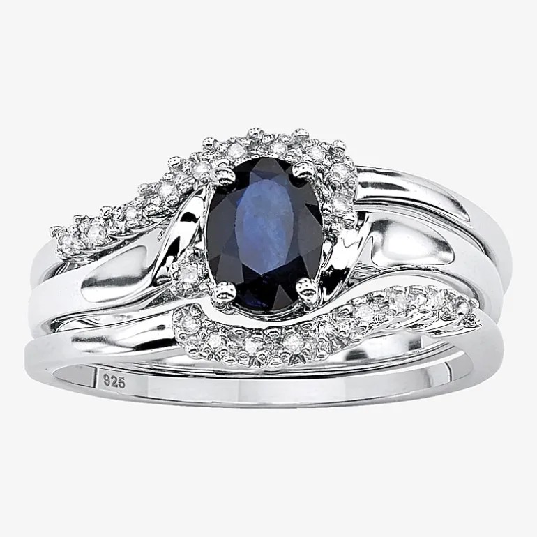 DiamonArt® Womens 1 1/10 CT. T.W. Genuine Blue Sapphire Platinum Over Silver Oval Bridal Set