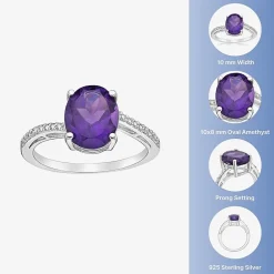 Diamond Accent and Gemstone Sterling Silver Oval Side Stone Cocktail Ring