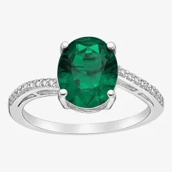 Diamond Accent and Gemstone Sterling Silver Oval Side Stone Cocktail Ring