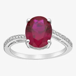 Diamond Accent and Gemstone Sterling Silver Oval Side Stone Cocktail Ring