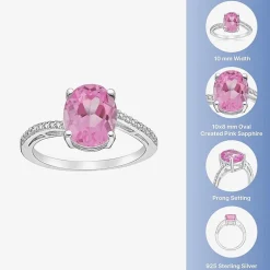 Diamond Accent and Gemstone Sterling Silver Oval Side Stone Cocktail Ring