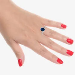 Diamond Accent and Gemstone Sterling Silver Oval Side Stone Cocktail Ring