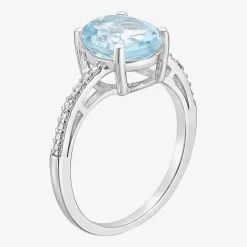 Diamond Accent and Gemstone Sterling Silver Oval Side Stone Cocktail Ring