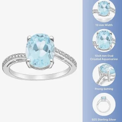 Diamond Accent and Gemstone Sterling Silver Oval Side Stone Cocktail Ring