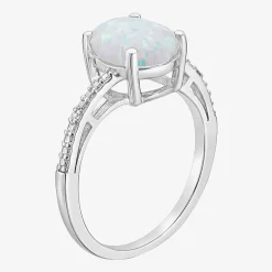 Diamond Accent and Gemstone Sterling Silver Oval Side Stone Cocktail Ring