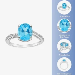 Diamond Accent and Gemstone Sterling Silver Oval Side Stone Cocktail Ring