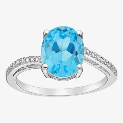 Diamond Accent and Gemstone Sterling Silver Oval Side Stone Cocktail Ring
