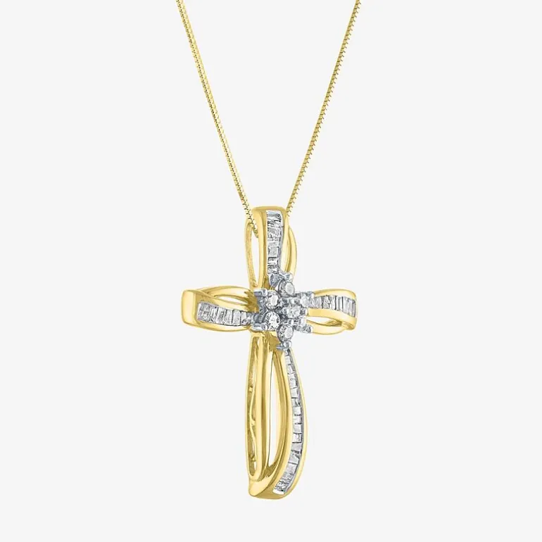 Diamond Blossom Womens 1/3 CT. T.W. Natural White Diamond 10K Gold Cross 18 Inch Pendant Necklace