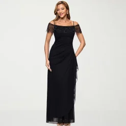 DJ Jaz Womens Straight Neck Short Sleeve Off the Shoulder Beaded Fitted Gown