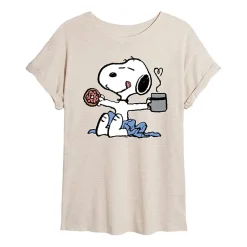Donut And Coffee Womens Juniors Crew Neck Short Sleeve Oversized Peanuts Snoopy Graphic T-Shirt