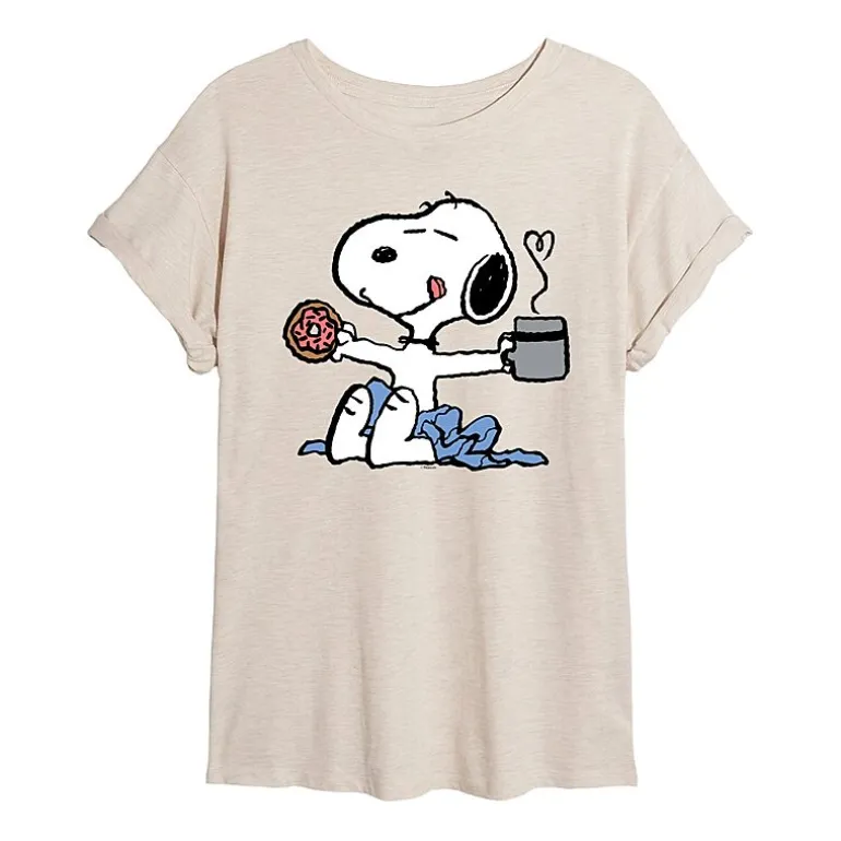 Donut And Coffee Womens Juniors Crew Neck Short Sleeve Oversized Peanuts Snoopy Graphic T-Shirt