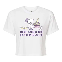 Easter Beagle Cropped Womens Juniors Crew Neck Short Sleeve Boxy Fit Peanuts Snoopy Graphic T-Shirt