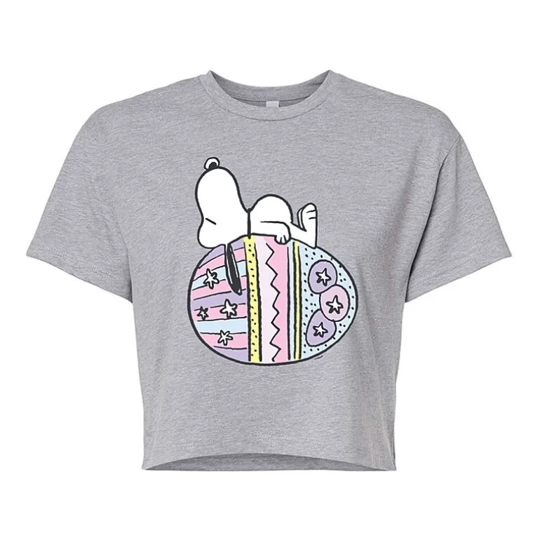 Easter Egg Cropped Womens Juniors Crew Neck Short Sleeve Boxy Fit Peanuts Snoopy Graphic T-Shirt