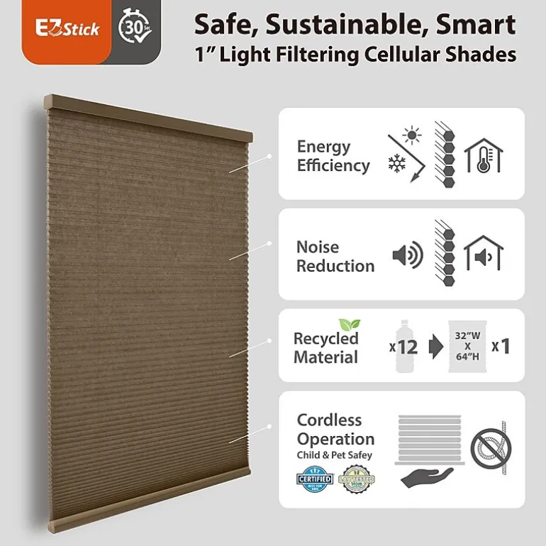Eco Estates Ez Stick No Tool 1" Cut-To-Width Cordless Light-Filtering Cellular Shade