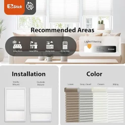 Eco Estates Ez Stick No Tool 1” Cut-to-Width Cordless Light Filtering Pleated Shade