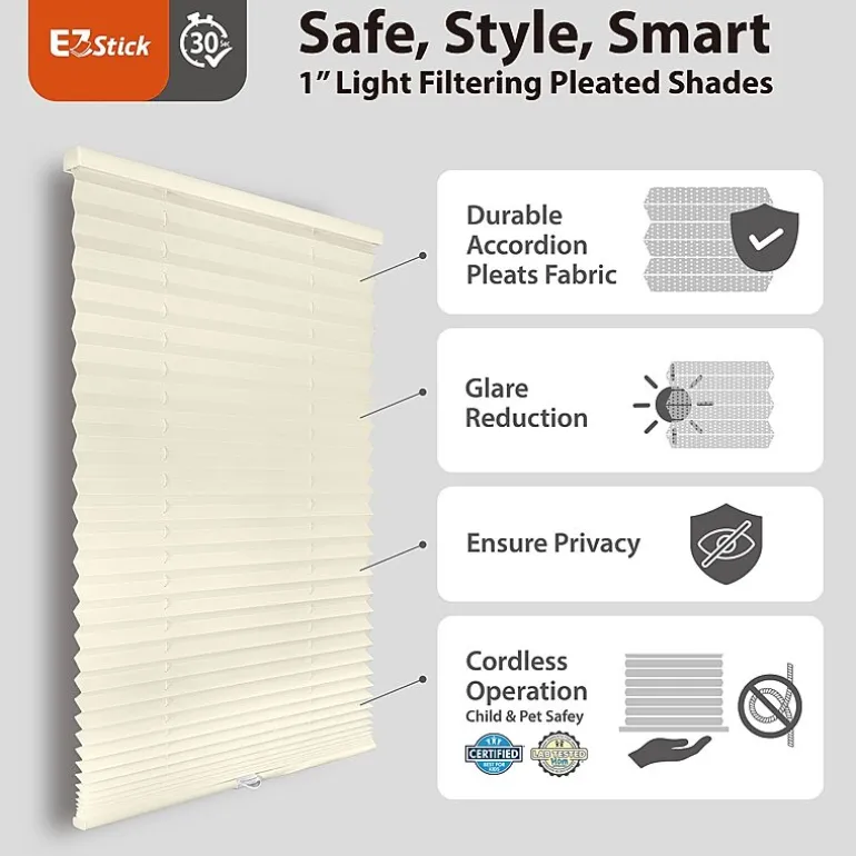 Eco Estates Ez Stick No Tool 1” Cut-to-Width Cordless Light Filtering Pleated Shade