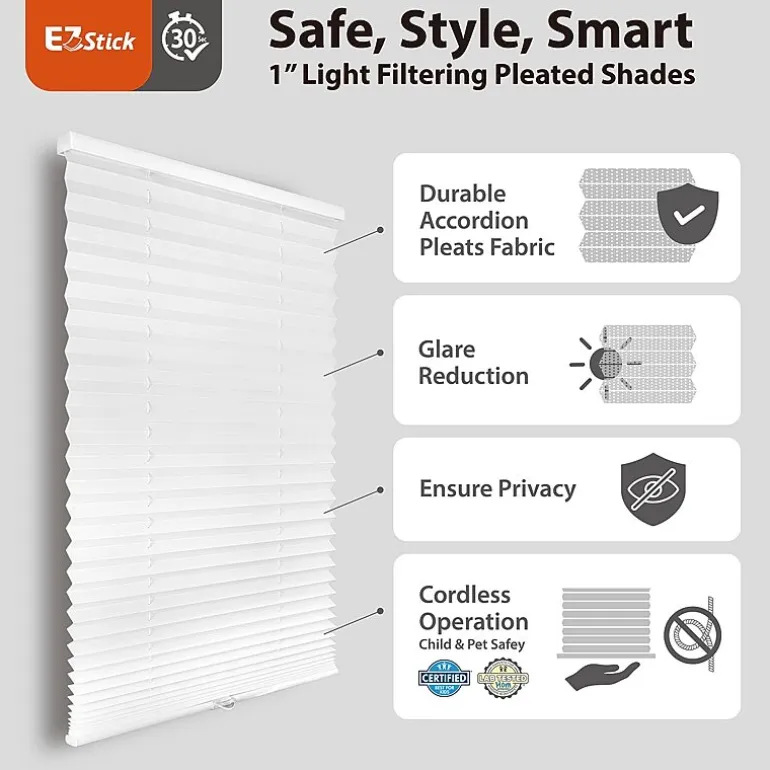 Eco Estates Ez Stick No Tool 1” Cut-to-Width Cordless Light Filtering Pleated Shade