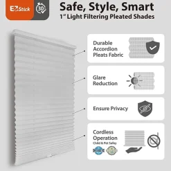 Eco Estates Ez Stick No Tool 1” Cut-to-Width Cordless Light Filtering Pleated Shade