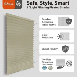 Eco Estates Ez Stick No Tool 1” Cut-to-Width Cordless Light Filtering Pleated Shade