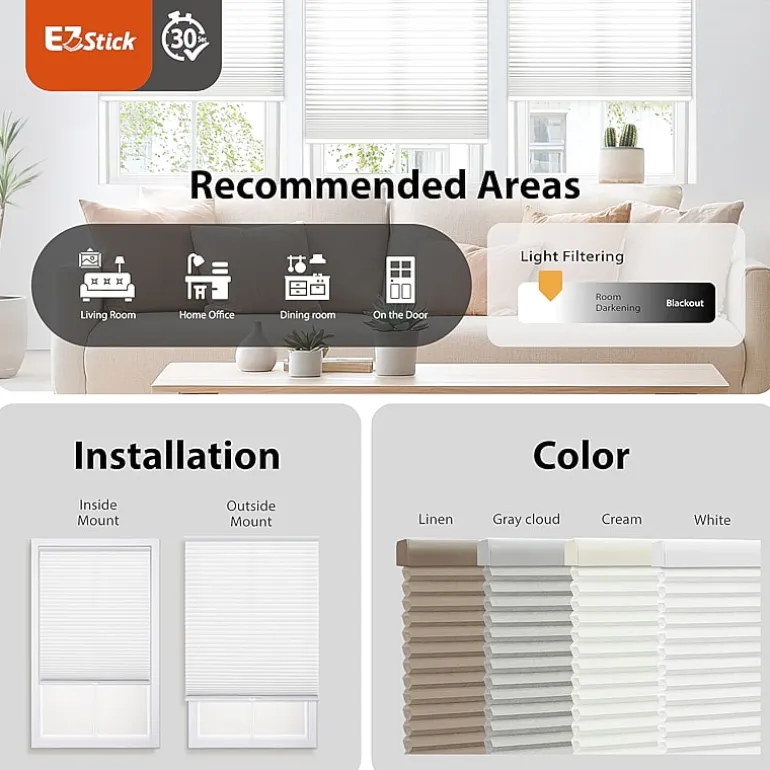 Eco Estates Ez Stick No Tool 1” Cut-to-Width Cordless Light Filtering Pleated Shade