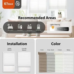 Eco Estates Ez Stick No Tool 1” Cut-to-Width Cordless Light Filtering Pleated Shade