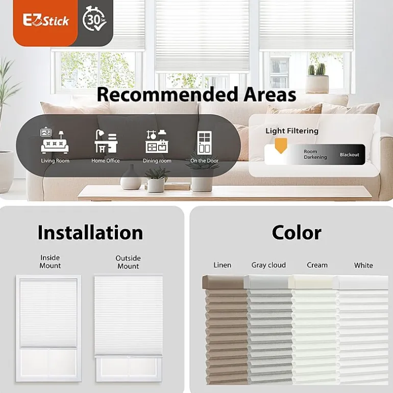 Eco Estates Ez Stick No Tool 1” Cut-to-Width Cordless Light Filtering Pleated Shade