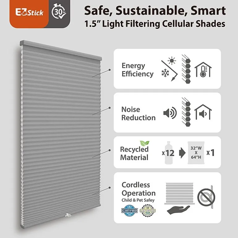Eco Estates Ez Stick No Tool 1.5" Cut-To-Width Cordless Light-Filtering Cellular Shade