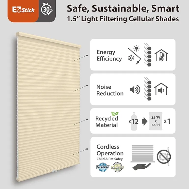 Eco Estates Ez Stick No Tool 1.5" Cut-To-Width Cordless Light-Filtering Cellular Shade
