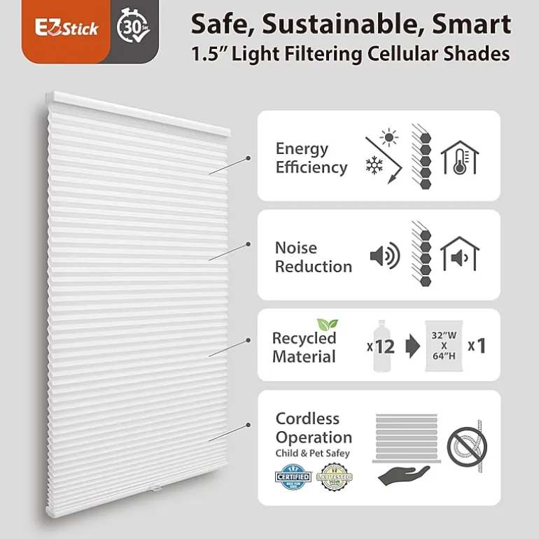 Eco Estates Ez Stick No Tool 1.5" Cut-To-Width Cordless Light-Filtering Cellular Shade