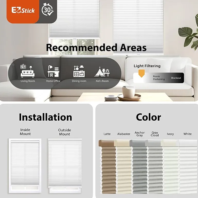 Eco Estates Ez Stick No Tool 1.5" Cut-To-Width Cordless Light-Filtering Cellular Shade