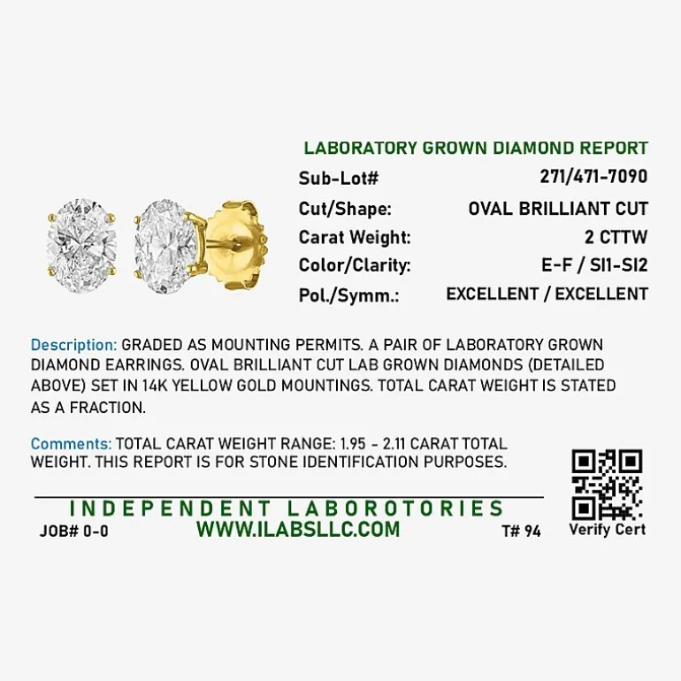 ( E-F/Si1-Si2 ) 2 CT. T.W. Lab-Grown Diamond 14K Gold 8mm Oval Stud Earrings