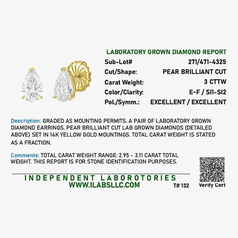 ( E-F/Si1-Si2 ) 2 CT. T.W. Lab-Grown Diamond 14K Gold 8.8mm Pear Stud Earrings