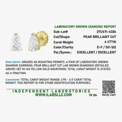 ( E-F/Si1-Si2 ) 4 CT. T.W. Lab-Grown Diamond 14K Gold 11.4mm Pear Stud Earrings