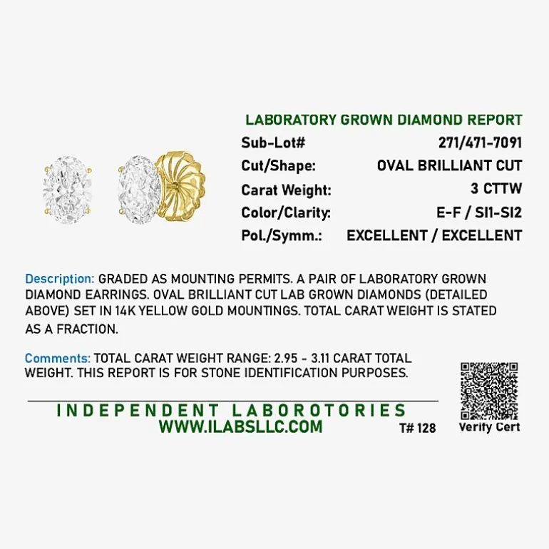 ( E-F/Si1-Si2 ) 3 CT. T.W. Lab-Grown Diamond 14K Gold 9mm Oval Stud Earrings