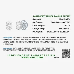 ( E-F/Si1-Si2 ) 3 CT. T.W. Lab-Grown Diamond 14K Gold 9mm Oval Stud Earrings