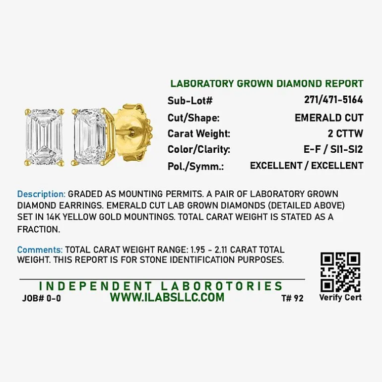 ( Ef/Si1-Si2 ) 2 CT. T.W. Lab-Grown Diamond 14K Gold 7.3mm Emerald Stud Earrings