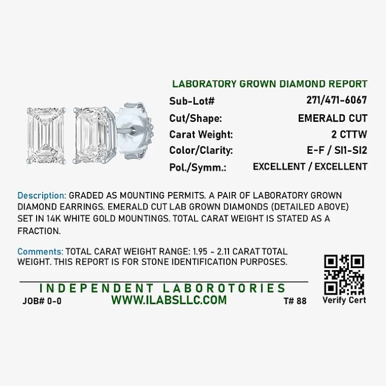 ( Ef/Si1-Si2 ) 2 CT. T.W. Lab-Grown Diamond 14K Gold 7.3mm Emerald Stud Earrings