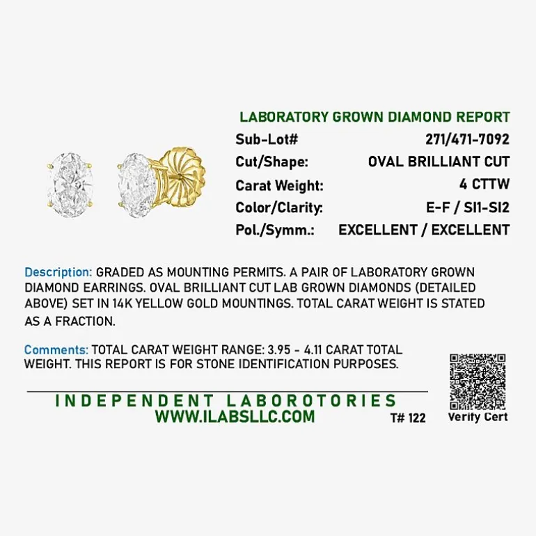 ( E-F/Si1 Si2 ) 4 CT. T.W. Lab-Grown Diamond 14K Gold 9.8mm Oval Stud Earrings