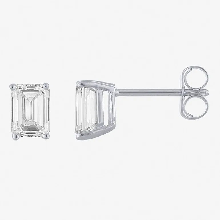 ( E-F/Si1-Si2 ) 1 CT. T.W. Lab-Grown Diamond 10K Gold 5.9mm Emerald Stud Earrings